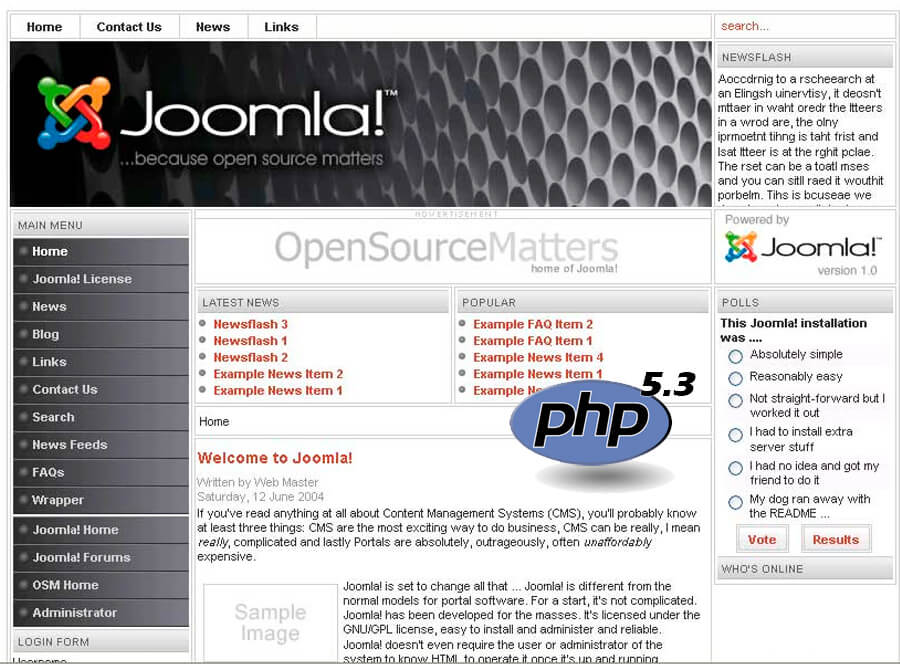 Фото: Версия php 5.3 и Joostina, Joomla 1.0, Joomla 1.5